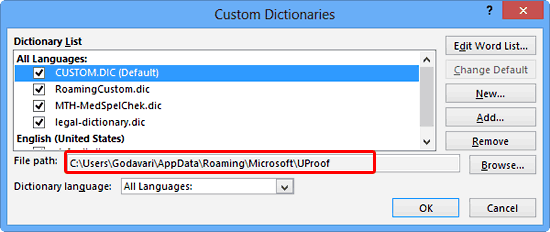 File path displaying the selected dictionarys location File path displaying the selected dictionarys location