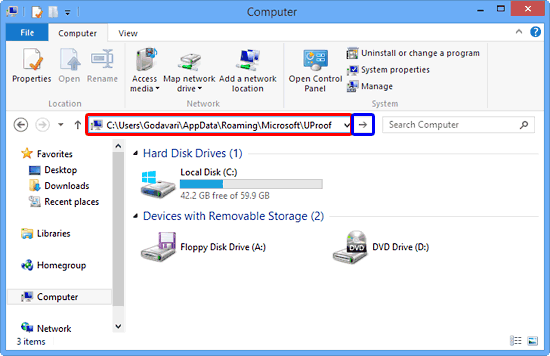Copied location pasted within the Address Bar Copied location pasted within the Address Bar