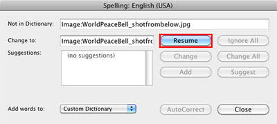 Resume button within the Spelling dialog box Resume button within the Spelling dialog box