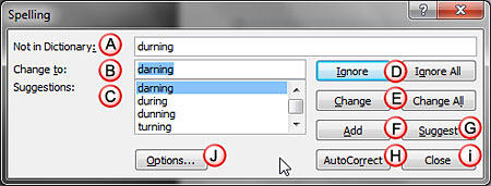 Options within the Spelling dialog box Options within the Spelling dialog box