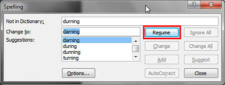 Resume button within the Spelling dialog box Resume button within the Spelling dialog box