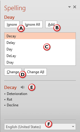 Options within Spelling Task Pane Options within Spelling Task Pane