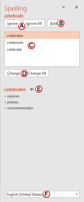 Options within Spelling Task Pane