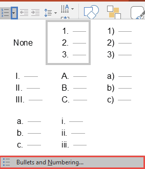 Numbering drop-down gallery