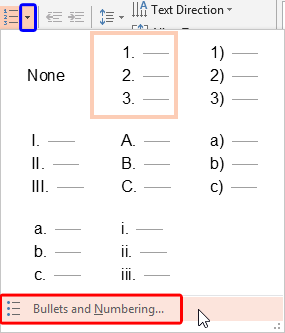 Numbering drop-down gallery Numbering drop-down gallery