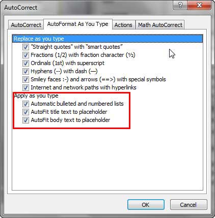 AutoFormat As You Type tab selected within AutoCorrect dialog box AutoFormat As You Type tab selected within AutoCorrect dialog box