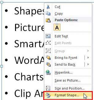Format Shape option selected Format Shape option selected