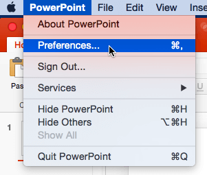Preferences option selected within PowerPoint menu Preferences option selected within PowerPoint menu