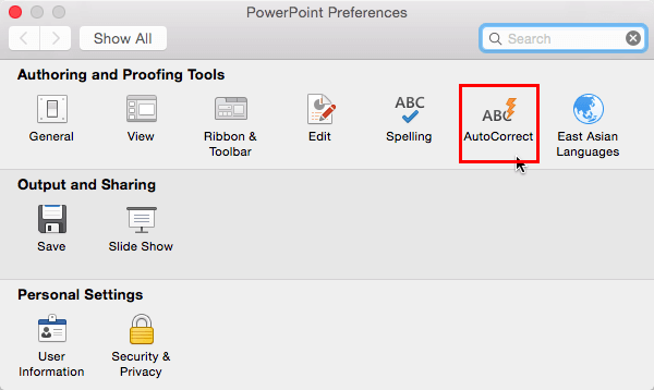 AutoCorrect option within PowerPoint Preferences dialog box AutoCorrect option within PowerPoint Preferences dialog box