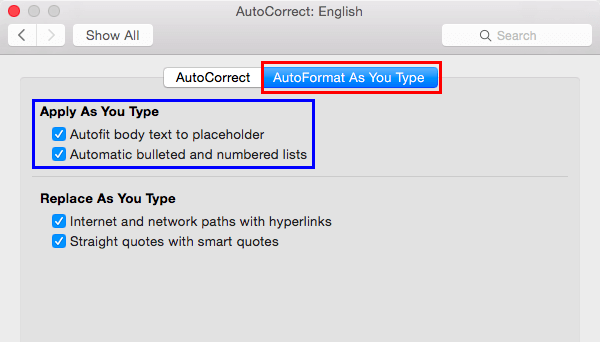 AutoFormat As You Type tab selected within AutoCorrect dialog box AutoFormat As You Type tab selected within AutoCorrect dialog box