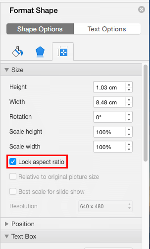 Lock Aspect Ratio check-box selected within the Format Shape Task Pane Lock Aspect Ratio check-box selected within the Format Shape Task Pane