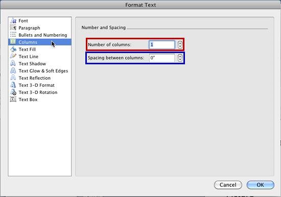 Columns option within Format Text dialog box Columns option within Format Text dialog box