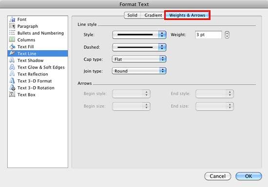 Weights & Arrows options within the Format Text dialog box Weights & Arrows options within the Format Text dialog box