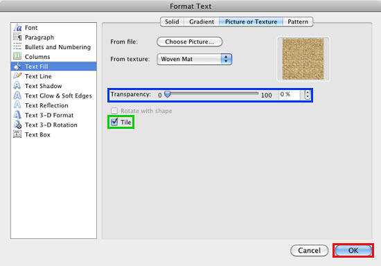 Texture fill chosen for the selected text Texture fill chosen for the selected text