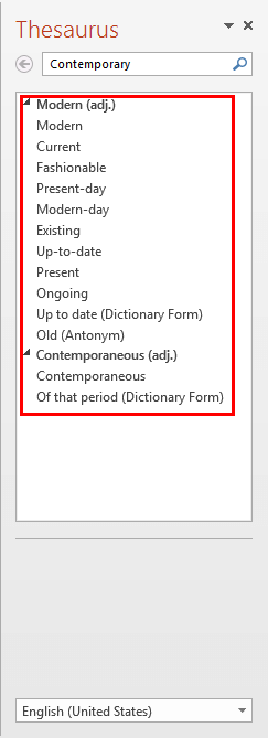 Thesaurus Task Pane with the list of related words
