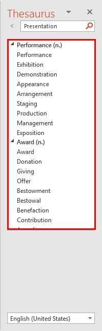 Thesaurus Task Pane with the list of related words