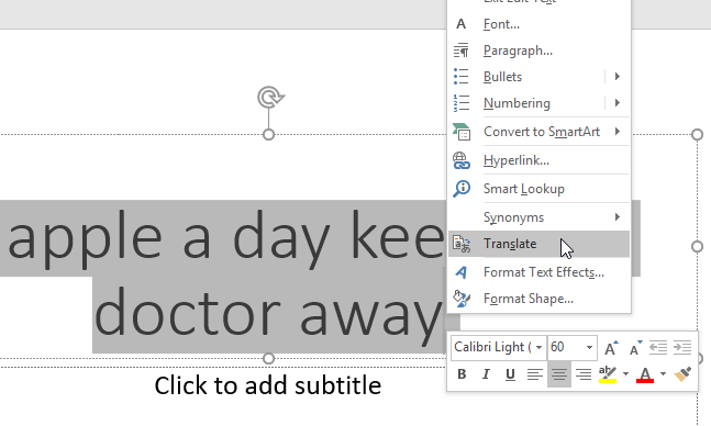 Translate option within the right-click contextual menu Translate option within the right-click contextual menu