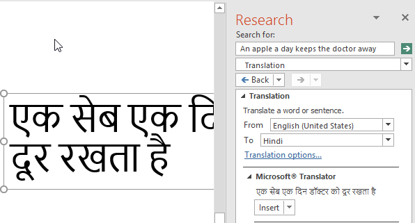 Text translated to Hindi on the active slide Text translated to Hindi on the active slide