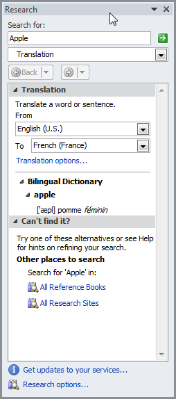 Translation in the Research Task Pane Translation in the Research Task Pane