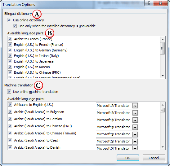 Translation Options dialog box Translation Options dialog box