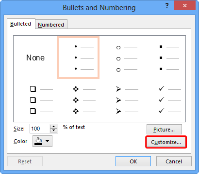 Bullets and Numbering dialog box Bullets and Numbering dialog box