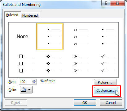 Bullet options within the Bullets and Numbering dialog box