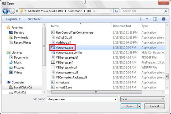 vbexpress.exe file selected