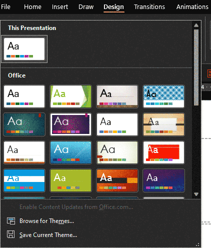 Themes gallery in PowerPoint Themes gallery in PowerPoint