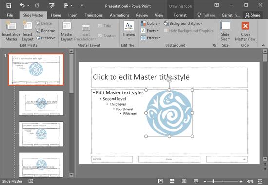 Logo inserted within the Slide Master and Slide Layouts