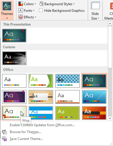 Themes drop-down gallery
