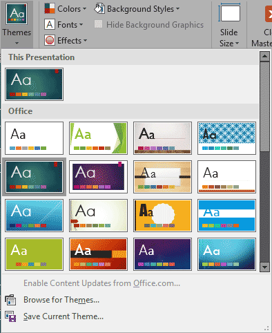 Themes drop-down gallery