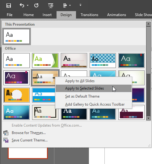 Context menu within Themes drop-down gallery