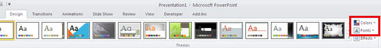 Colors and Fonts options in the Themes group