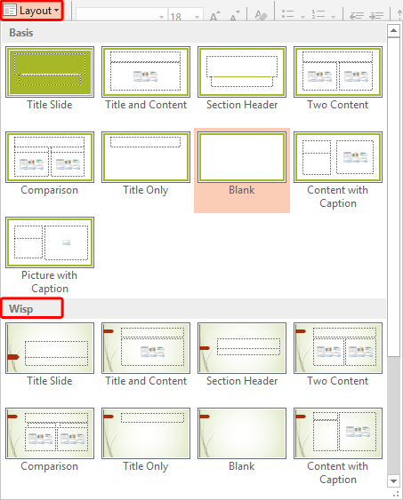 Layout drop-down gallery