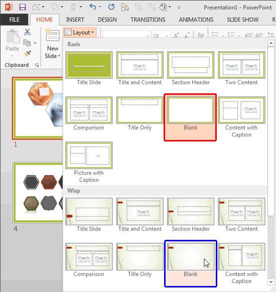 Layout drop-down gallery