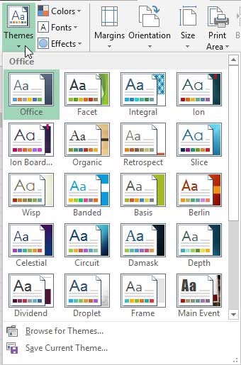 Themes drop-down gallery in Excel 2013 Themes drop-down gallery in Excel 2013