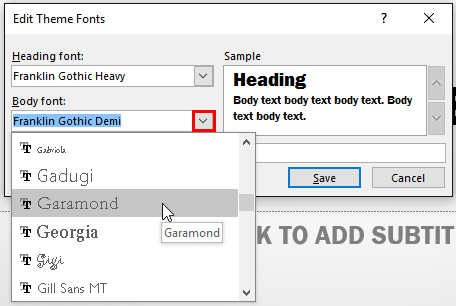 New Body font being selected