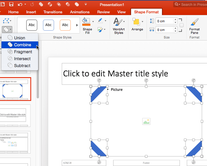 Combine option applied to the selected Picture placeholder and shapes Combine option applied to the selected Picture placeholder and shapes