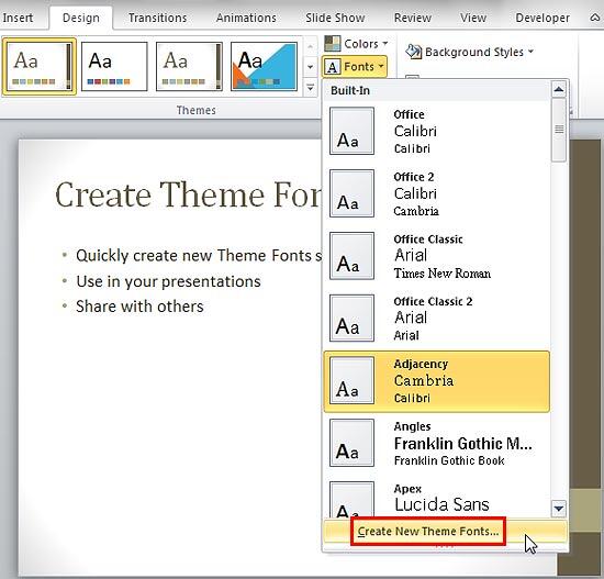 Fonts drop-down gallery