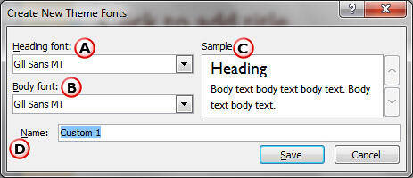 Create New Theme Fonts dialog box