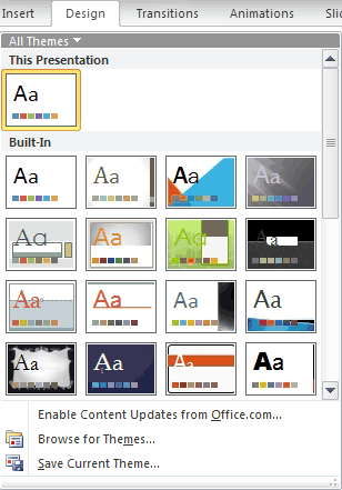 Themes drop-down gallery