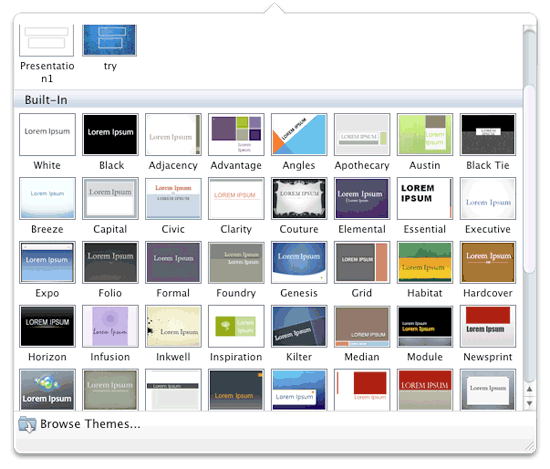 Themes drop-down gallery