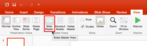 Slide Master button within the View tab of the Ribbon Slide Master button within the View tab of the Ribbon