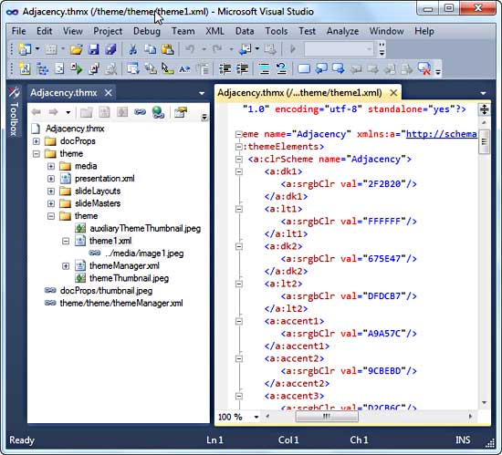 A Theme file opened within Visual Studio 2010