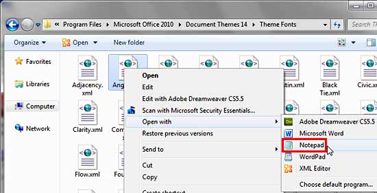 Notepad option selected