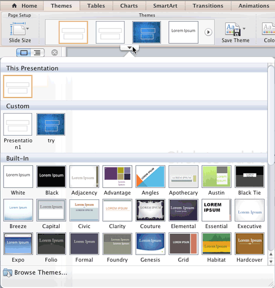 Themes drop-down gallery
