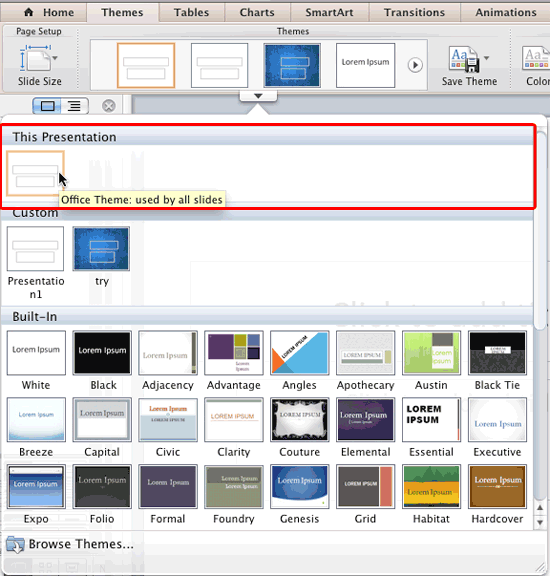 Active Theme and its name displayed within the Themes drop-down gallery