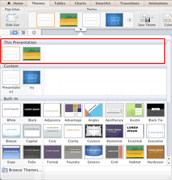 Multiple Themes within the This Presentation section of the Themes drop-down gallery