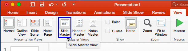 Slide Master button within the View tab of the Ribbon Slide Master button within the View tab of the Ribbon
