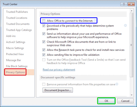 Trust Center dialog box Trust Center dialog box